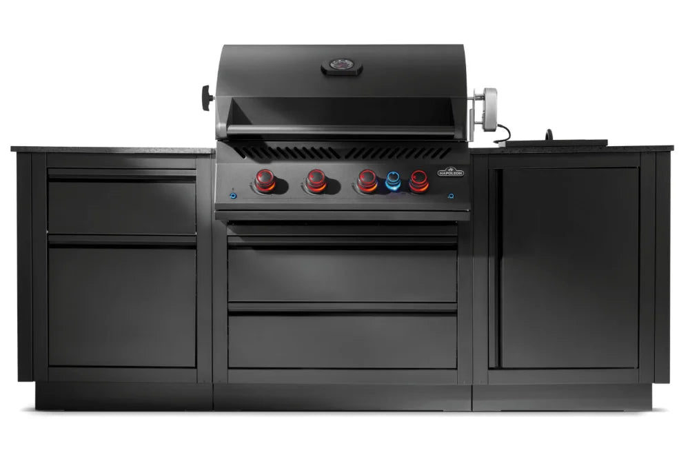 OASIS 301 Modular Outdoor Kitchen Island Kit featuring a built-in 700 Series 32" Gas Grill Head with four stainless steel burners, rear infrared rotisserie burner, and JETFIRE ignition for reliable performance, integrated propane storage, and matte black powder-coated galvanneal steel cabinetry.