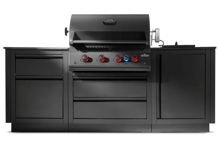 OASIS 301 Modular Outdoor Kitchen Island Kit featuring a built-in 700 Series 32" Gas Grill Head with four stainless steel burners, rear infrared rotisserie burner, and JETFIRE ignition for reliable performance, integrated propane storage, and matte black powder-coated galvanneal steel cabinetry.