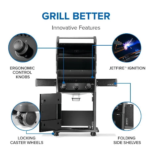 Napoleon Rogue 425 premium gas grill in sleek black features three stainless steel burners delivering 42,000 BTUs of precise heat, porcelainized cast iron cooking grids, and dual-level sear plates for enhanced flavor.