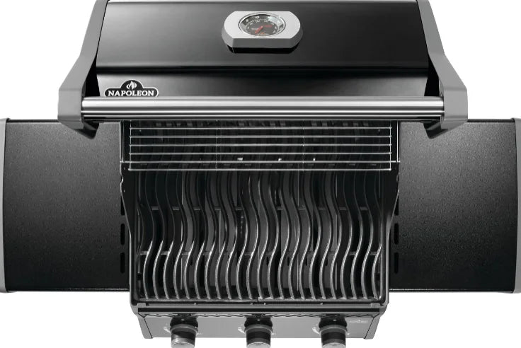 Napoleon Rogue 425 Premium Gas Grill in Sleek Black features three stainless steel burners delivering 42,000 BTUs, porcelainized cast iron WAVE cooking grids for even heating and signature sear marks.