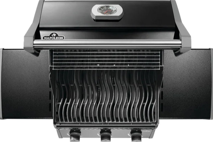 Napoleon Rogue 425 Premium Gas Grill in Sleek Black features three stainless steel burners delivering 42,000 BTUs, porcelainized cast iron WAVE cooking grids for even heating and signature sear marks.