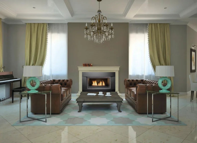 Sierra Flame Newcomb 36" Direct Vent Linear Gas Fireplace featuring contemporary black porcelain panels, black reflective glass, and standard 3 piece rock set.