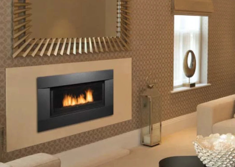 Sierra Flame Newcomb 36" Direct Vent Linear Gas Fireplace, contemporary styled gas fireplace with black porcelain panels, reflective glass, and 3-piece rock set.