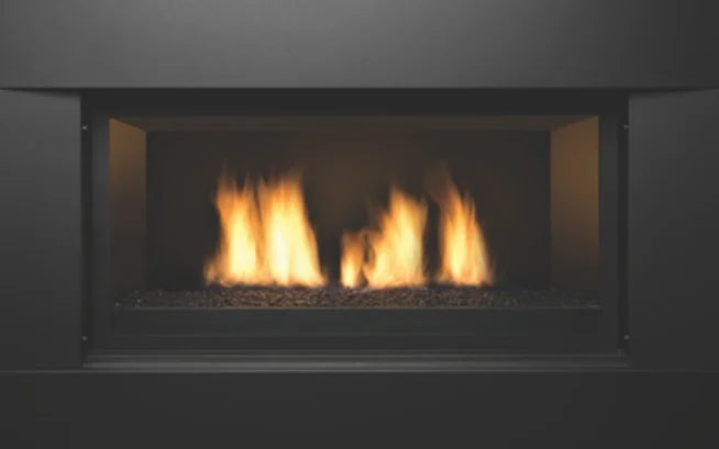 Sierra Flame Newcomb 36" Direct Vent Linear Gas Fireplace features modern black porcelain panels, black reflective glass, and a 3-piece rock set, with optional stainless steel or decorative surrounds available.
