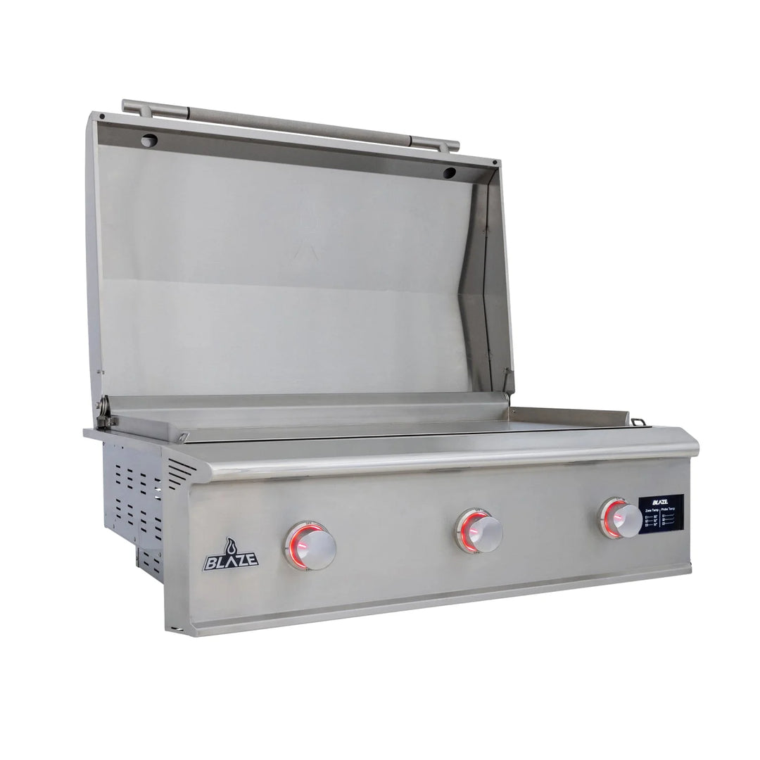 Blaze LTE PRO 40-Inch Built-In Gas Griddle features an enhanced 304 stainless steel surface for superior heat retention and even distribution across its massive 40-inch cooking surface with three individually controlled heat zones.