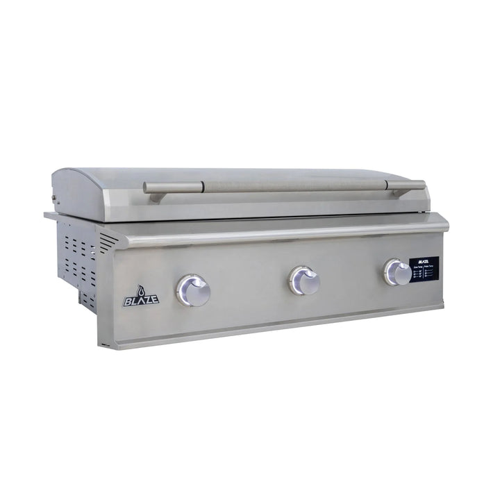Blaze LTE PRO 40-Inch Built-In Gas Griddle: Heavy-duty stainless steel griddle with 3 individually controlled heat zones, 45,000 BTUs total power, and ergonomic rotating lid handle for commercial-grade cooking performance.