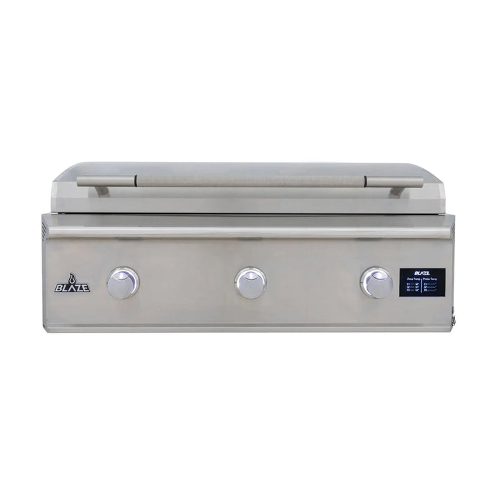 Blaze LTE PRO 40-Inch Gas Griddle featuring 304 stainless steel surface, 45,000 BTUs total heat power, 3 individually controlled heat zones, digital temperature readouts and safety features.