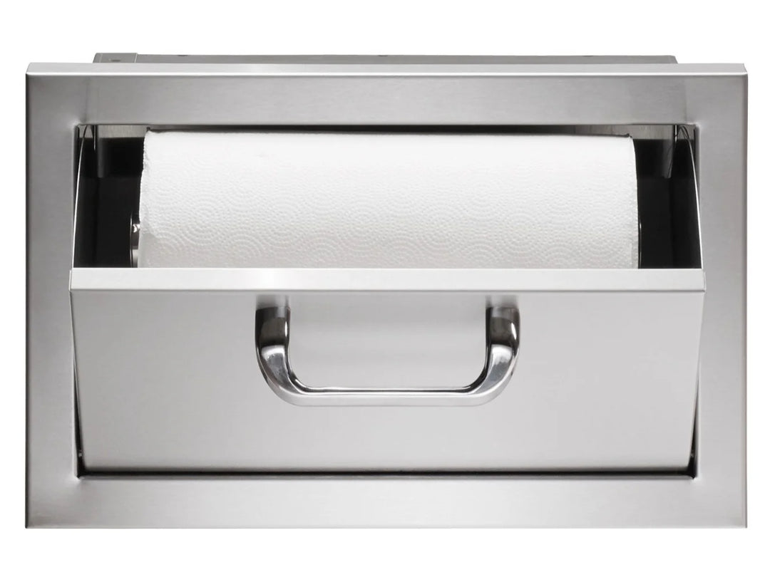 Vintage Grills Stainless Steel Paper Towel Holder for outdoor kitchen storage with full paper towel roll protection from moisture and debris in 18-gauge 304 stainless steel design.