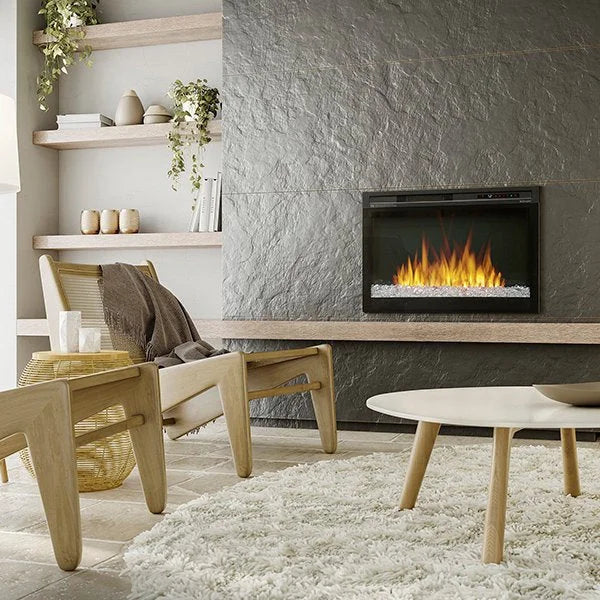 Dimplex Nova 33" Multi-Fire XHD Plug-in Electric Firebox features realistic flames, multi-flame technology, and a sleek black glass design with adjustable ember bed lighting.