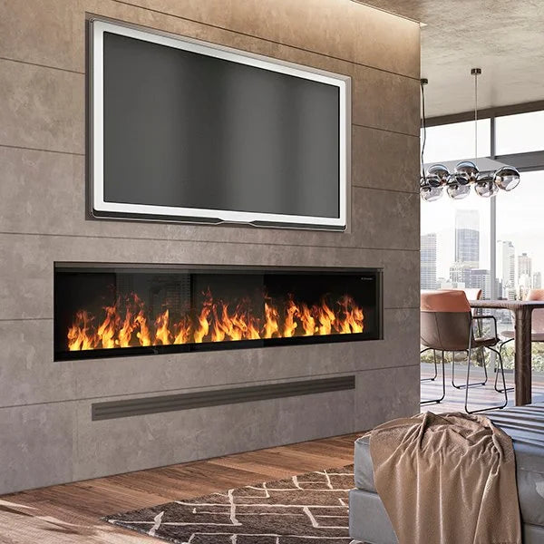 Dimplex Opti-Myst Linear Electric Fireplace, 86-inch wall-mounted electric fireplace with ultrasonic flame technology, water vapor, and customizable features for realistic ambiance and supplemental heating.