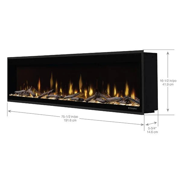 Dimplex Ignite Evolve 74" Electric Fireplace: A sleek, minimalist-built electric fireplace featuring Multi-Fire XD flames, tumbled glass, and hand-finished driftwood in a frameless design with advanced customization options and supplemental heat capabilities.