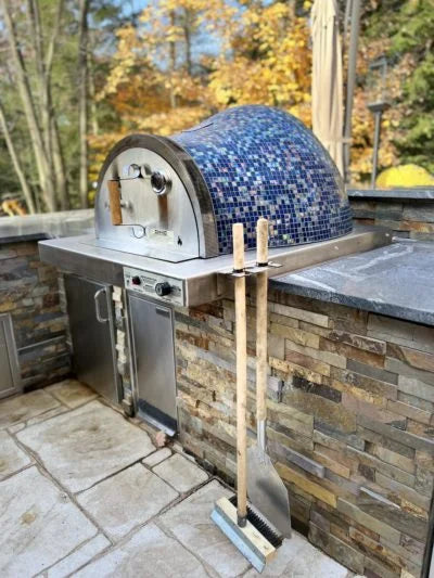 HPC Fire "Villa Series" Pizza Oven: Commercial-grade built-in insert with glass mosaic tiled oven, stainless steel hearth, and electronic ignition system, ideal for outdoor kitchens with a 35-inch deep counter.