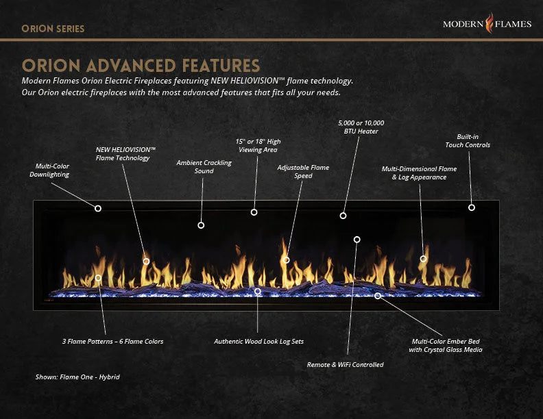 Modern Flames Orion Traditional Electric Fireplace features revolutionary HELIOVISION Flame Technology with multi-dimensional flames, high-contrast ember lighting, and immersive ambiance in four sizes from 26" to 54".