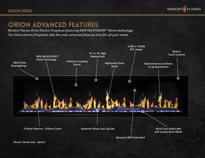 Modern Flames Orion Traditional Electric Fireplace features revolutionary HELIOVISION Flame Technology with multi-dimensional flames, high-contrast ember lighting, and immersive ambiance in four sizes from 26" to 54".