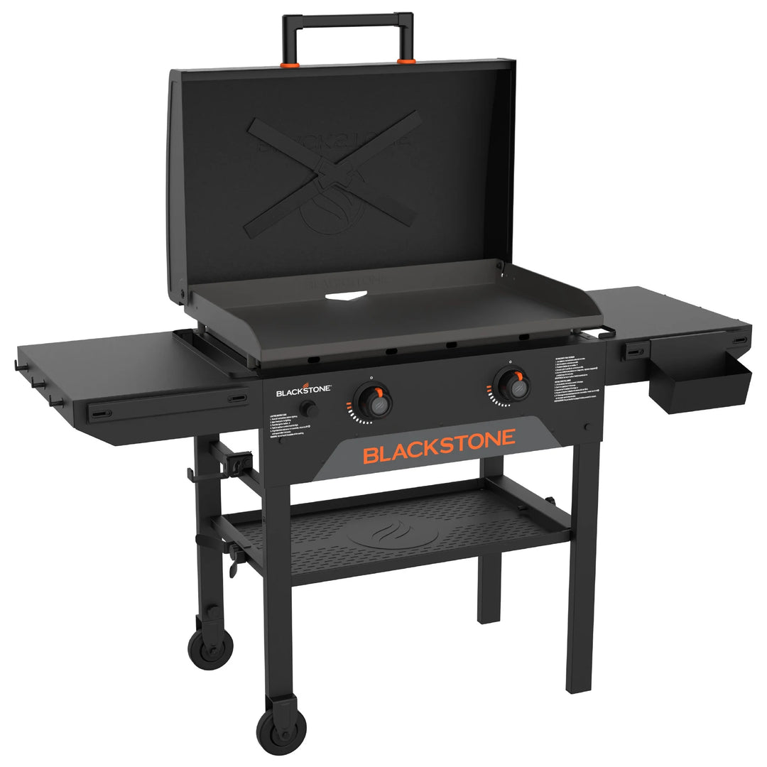 Blackstone Original 28-Inch Griddle with Hood features Omnivore Griddle Plate Technology for efficient heat distribution, dual independently controlled heat zones, and reinforced hood with 'X' brace for surface protection.