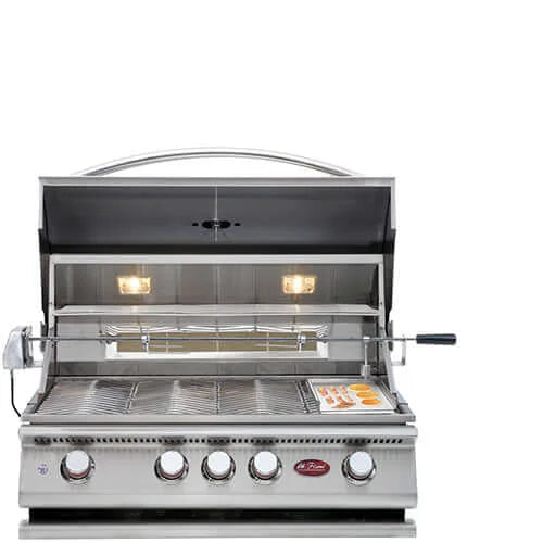 Cal Flame P-Series 32" 4-Burner Built-In Grill: stainless steel construction features four 15,000 BTU cast stainless steel burners and a 15,000 BTU ceramic infrared burner for high-heat searing.