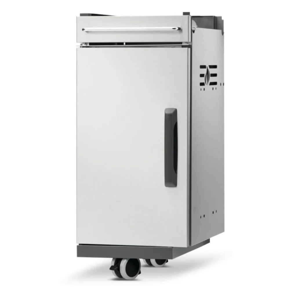 Napoleon Rogue PRO Under Grill Storage Cart (1 Cart) - Premium stainless steel cabinet with top drawer, storage divider, tool hooks, and towel-holder handle for organized outdoor kitchen essentials.