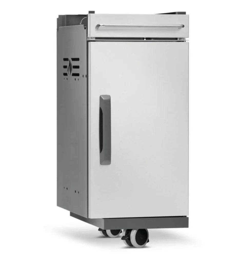 Napoleon Rogue PRO Under Grill Storage Cart (1 Cart) - Stainless steel cabinet with top drawer, locking caster wheels, storage divider, and tool hooks for organized outdoor kitchen essentials.