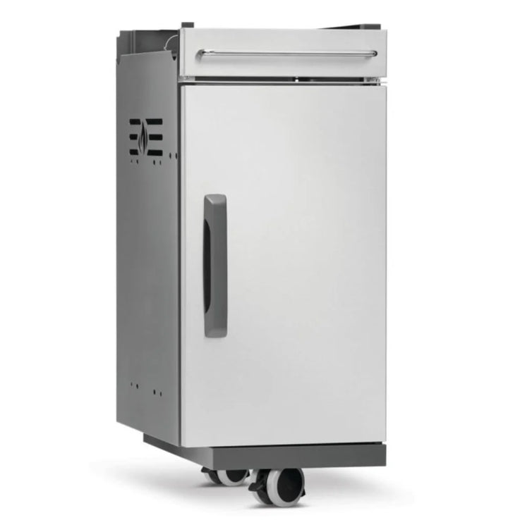 Napoleon Rogue PRO Under Grill Storage Cart (1 Cart) - Stainless steel cabinet with top drawer, locking caster wheels, storage divider, and tool hooks for organized outdoor kitchen essentials.