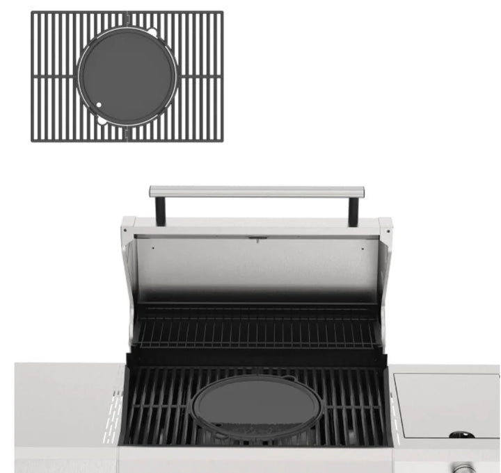 Monument Grills Cordierite Pizza Stone & Round Reversible Cooking Plate: Dual-purpose outdoor cooking accessory featuring cordierite pizza stone for authentic brick-oven results and porcelain-coated cast iron reversible plate with smooth and ridged surfaces.