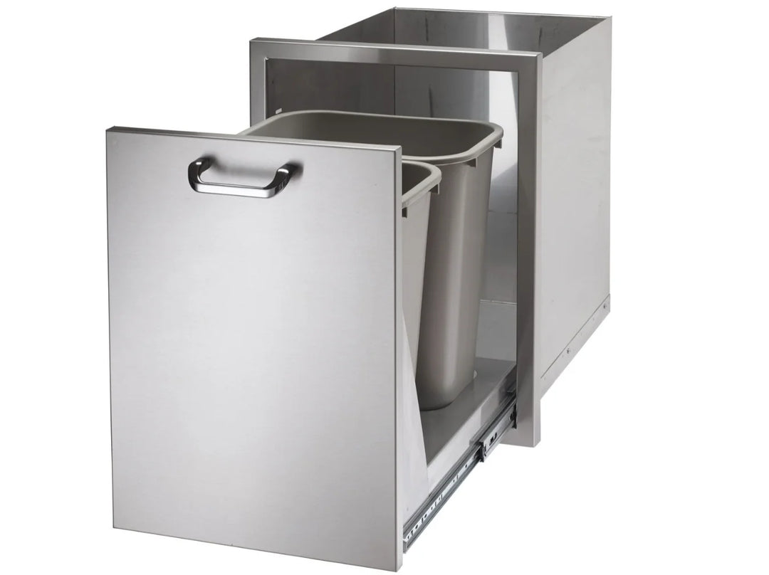 Vintage Grills Prestige Trash and Recycle Center: Dual compartment outdoor waste management unit made from commercial-grade 18-gauge 304 stainless steel, featuring smooth-operating pull-out design and sleek aesthetic.
