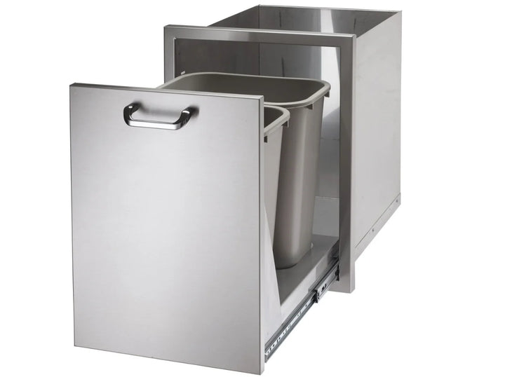 Vintage Grills Prestige Trash and Recycle Center: Dual compartment outdoor waste management unit made from commercial-grade 18-gauge 304 stainless steel, featuring smooth-operating pull-out design and sleek aesthetic.