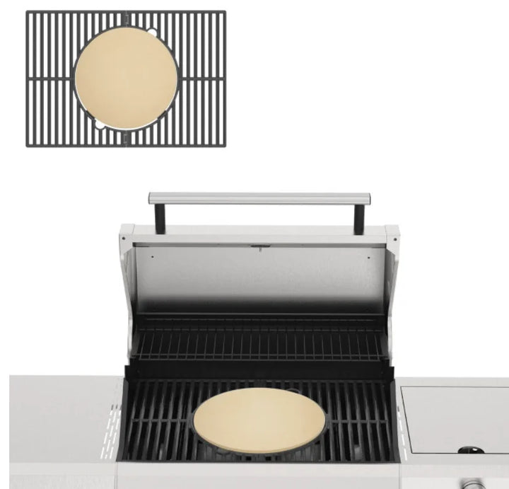 Monument Grills Cordierite Pizza Stone & Round Reversible Cooking Plate features dual-purpose design with cordierite pizza stone for authentic brick-oven results and porcelain-coated cast iron plate with smooth and ridged surfaces for varied outdoor cooking.