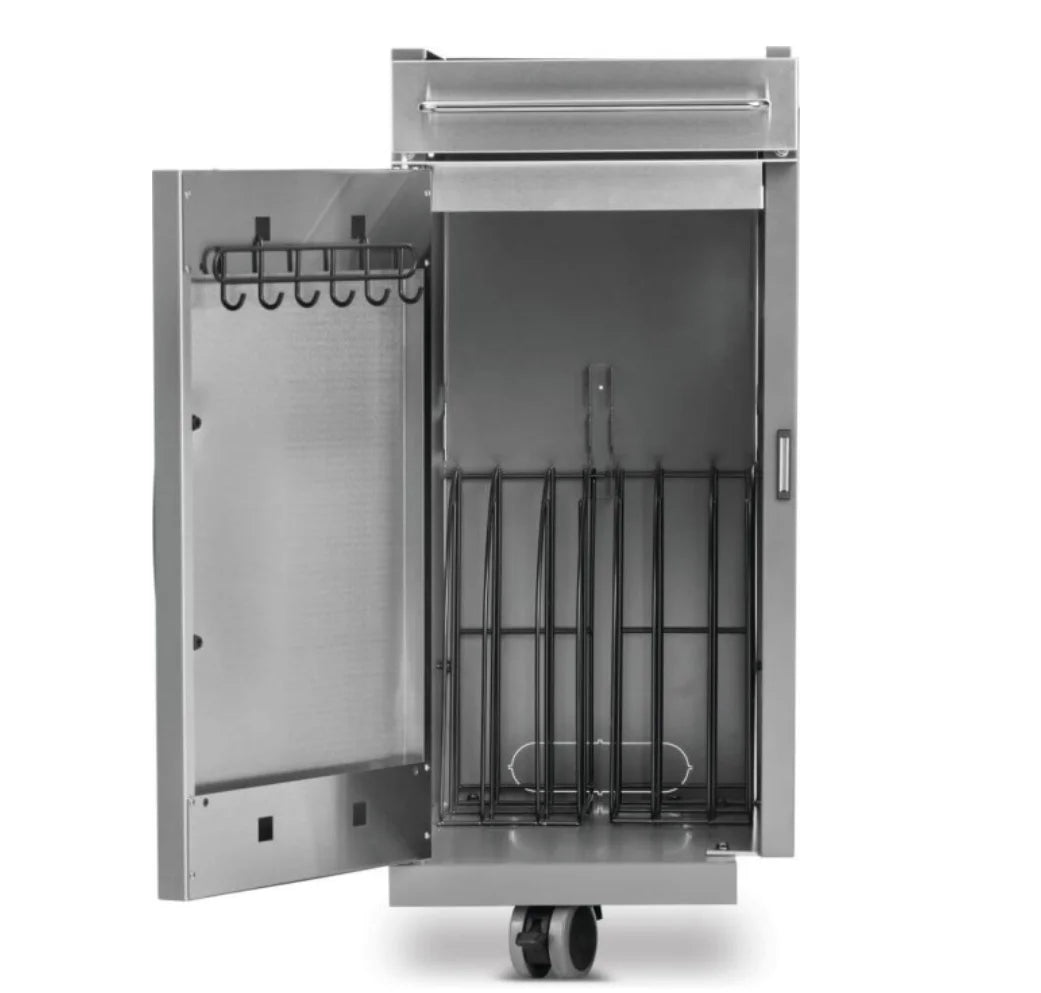 Napoleon Rogue PRO Under Grill Storage Cart (1 Cart) - Premium stainless steel storage cabinet with top drawer, tool hooks, and reversible orientation for easy installation near Rogue PRO Series grills.