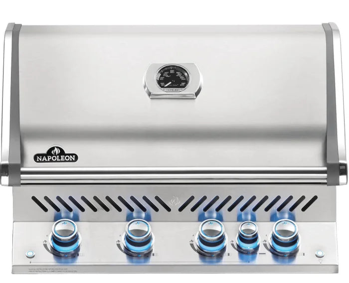 Napoleon Prestige Pro 500 Built-In Gas Grill Head, premium stainless steel construction, 9.5-mm WAVE cooking grids, infrared rear burner, and RGB Spectrum NIGHT LIGHT control knobs for a high-end grilling experience.