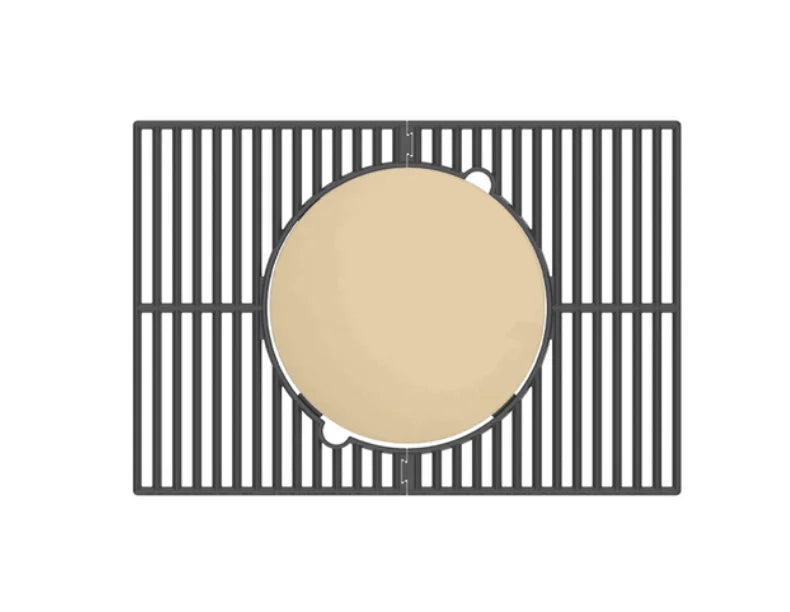 Monument Grills Cordierite Pizza Stone & Round Reversible Cooking Plate features a cordierite stone for authentic pizza baking and a porcelain-coated cast iron plate with smooth and ridged surfaces for grilling various foods.