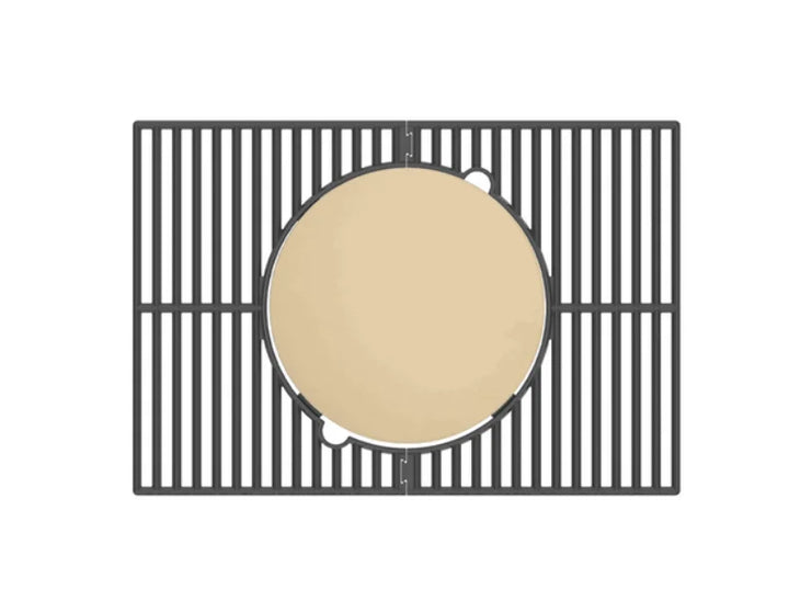 Monument Grills Cordierite Pizza Stone & Round Reversible Cooking Plate features a cordierite stone for authentic pizza baking and a porcelain-coated cast iron plate with smooth and ridged surfaces for grilling various foods.