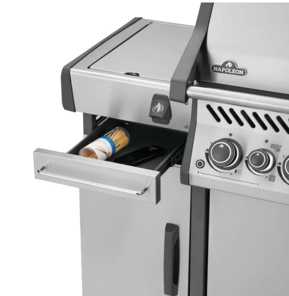 Napoleon Rogue PRO Under Grill Storage Cart - Sleek stainless steel cabinet for organized outdoor kitchen essentials, with locking caster wheels and top drawer storage.