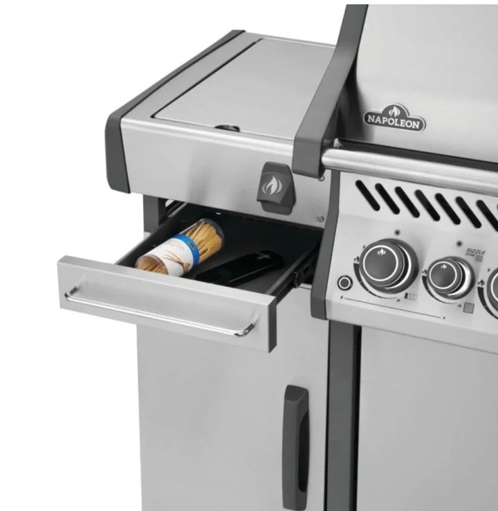 Napoleon Rogue PRO Under Grill Storage Cart - Sleek stainless steel cabinet for organized outdoor kitchen essentials, with locking caster wheels and top drawer storage.