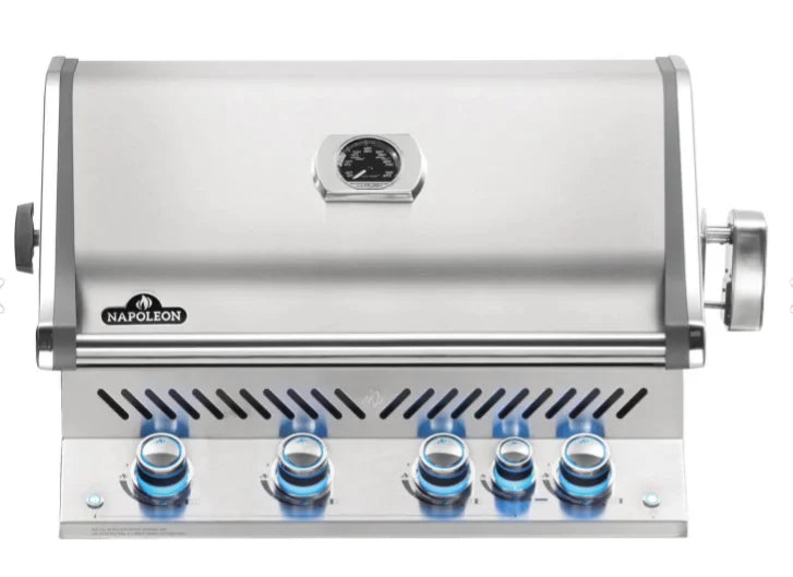 Napoleon Prestige Pro 500 Built-In Gas Grill, high-grade stainless steel construction, polished chrome accents, 9.5-mm WAVE cooking grids, infrared rear rotisserie burner.