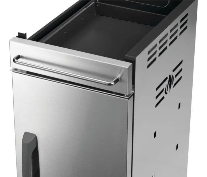Napoleon Rogue PRO Under Grill Storage Cart (1 Cart): stainless steel cabinet with top drawer, tool hooks, storage divider, and towel holder for organized outdoor kitchen storage.