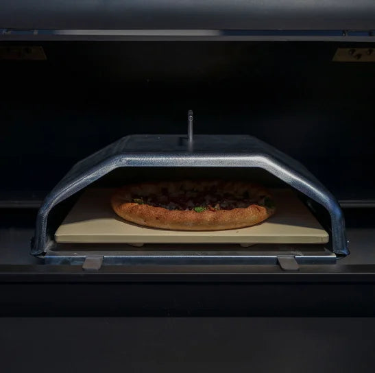 GMG Wood-Fired Pizza Attachment for PEAK/LEDGE Pellet Grills: transforms your pellet grill into a high-heat wood-fired oven for authentic pizzas, artisan breads, and seared steaks with temperatures up to 800 °F.