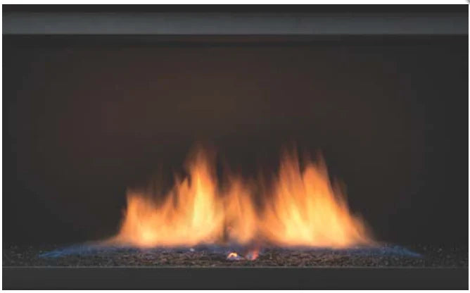 Sierra Flame Palisade 36" See-through Direct Vent Linear Fireplace: sleek modern gas fireplace design with curved front face, black porcelain panels, and tempered glass viewing area.