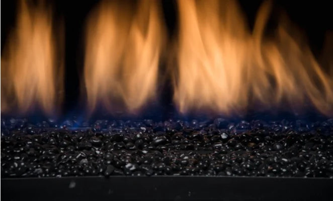 Sierra Flame Palisade 36-inch See-through Direct Vent Linear Gas Fireplace: sleek curved design, black porcelain panels, 20,000 BTU electronic ignition, tempered glass, and side venting for a modern contemporary look.