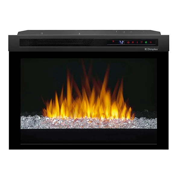Dimplex Nova 26" Multi-Fire XHD Plug-in Electric Firebox with high-contrast flames, multi-flame technology, and integrated heater, available in Realogs or Acrylic Ice Media options.