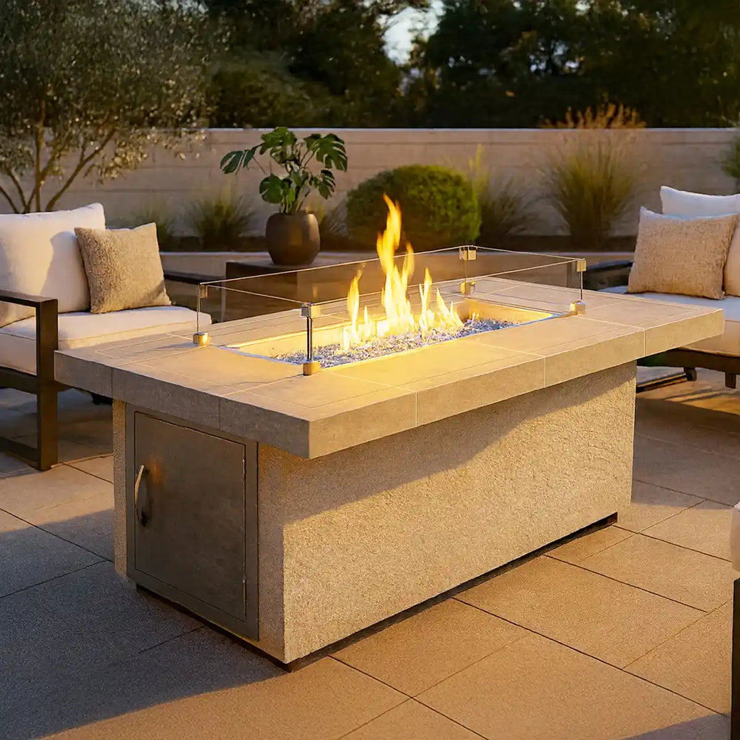 Cal Flame 'Phoenix' Fire Pit: stunning outdoor heater with modern porcelain tile top, 38-inch wide double burner, producing up to 90,000 BTUs, perfect for backyard entertaining.