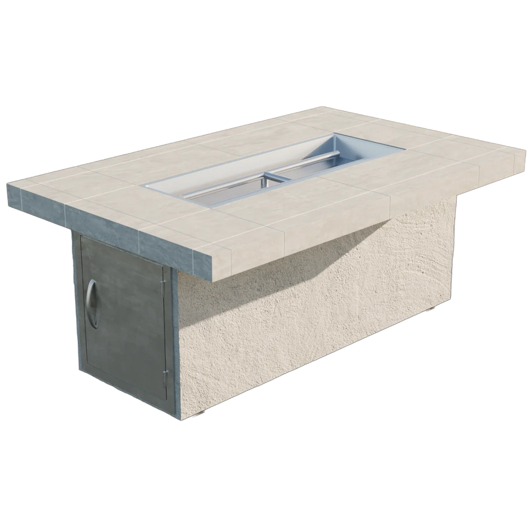 The Cal Flame "Phoenix" Fire Pit features a sleek rectangular porcelain tile top and sturdy 16-gauge galvanized steel frame, perfect for creating an inviting outdoor space with vibrant dancing flames.