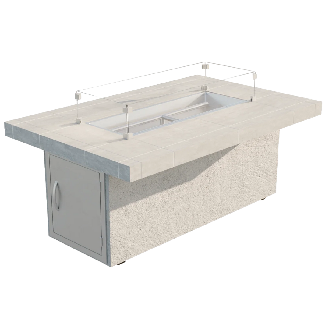 Cal Flame "Phoenix" Fire Pit: A striking, modern outdoor fire pit with a spacious rectangular porcelain tile top, 38" x 14.5" double burner producing up to 90,000 BTUs, and durable galvanized steel frame, available in various base finishes.