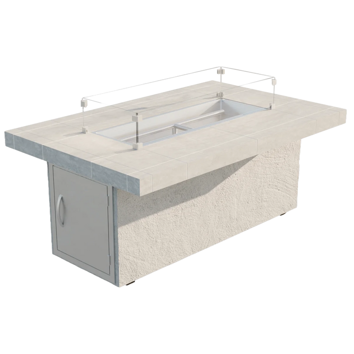 Cal Flame "Phoenix" Fire Pit: A striking, modern outdoor fire pit with a spacious rectangular porcelain tile top, 38" x 14.5" double burner producing up to 90,000 BTUs, and durable galvanized steel frame, available in various base finishes.
