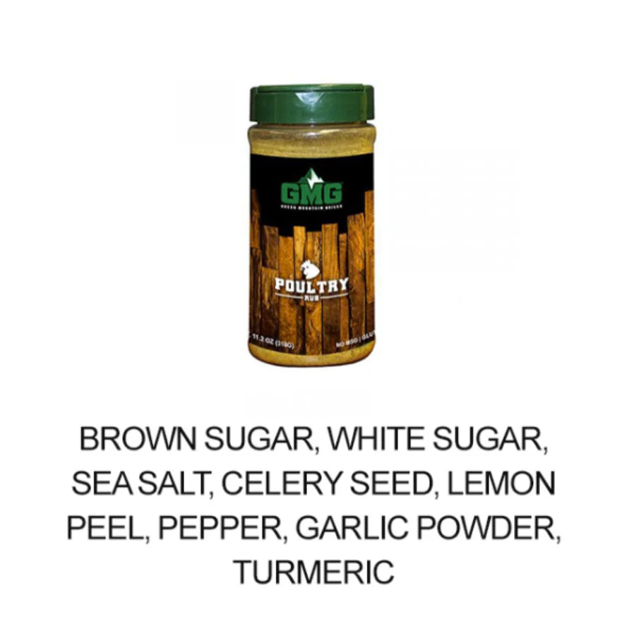 Green Mountain Grills Poultry Dry Rub - A savory-sweet blend of spices, including brown sugar, sea salt, and lemon peel, perfect for grilling, smoking, or roasting poultry.