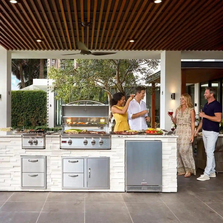 Blaze Professional LUX 34" 2-Burner Built-In Grill featuring commercial-grade stainless steel burners, 80,000 BTUs of grilling power, and luxurious illuminated control knobs.