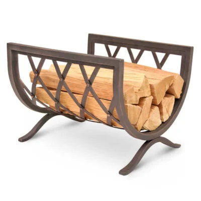 Pilgrim's Iron Weave Log Holder in Distressed Bronze features intricate hand-forged iron frame and compact, functional design.