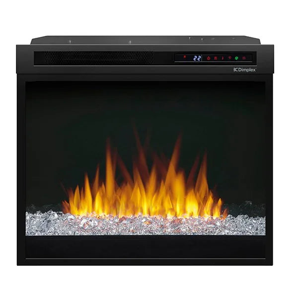 Dimplex Nova 28" Multi-Fire XHD Plug-in Electric Firebox features high-contrast flames, customizable settings, and integrated heating, with options for traditional logs or Acrylic Ice Media.