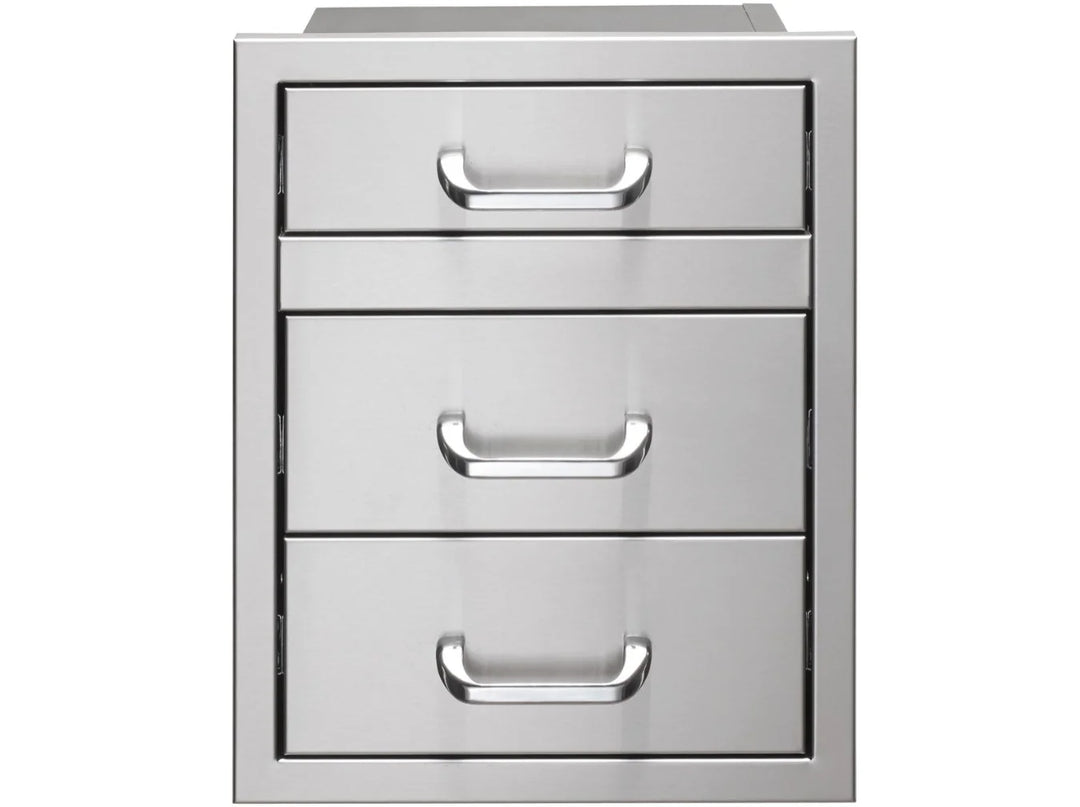Vintage Grills Stainless Steel Triple Access Drawer with Utensil Storage, featuring 3 smooth-gliding drawers, stainless steel glides, and durable 18-gauge 304 stainless steel construction for organized outdoor kitchen storage.