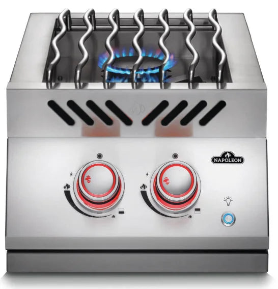 Napoleon Built-in 700 Series Inline Dual Range Top Burner - premium stainless steel dual burner with 30,000 BTUs of heat output, ideal for simmering sauces and sautéing sides in outdoor cooking applications, features battery-free JETFIRE ignition and backlit SafetyGlow control knobs.