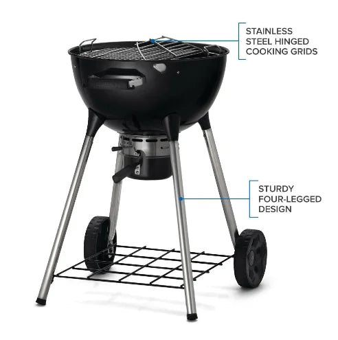 Napoleon Premium 18 Charcoal Kettle Grill features an 18-inch stainless steel cooking grid with Vortex heat management system for optimal performance and adjustable air vents for precise temperature control.